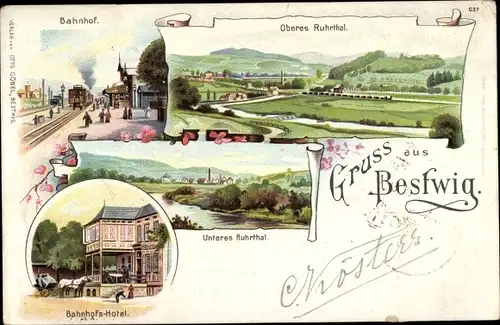 Litho Bestwig im Sauerland, Bahnhof, oberes Ruhrtal, unteres Ruhrtal, Bahnhofs Hotel
