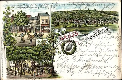 Litho Seckbach Frankfurt am Main, Gasthaus zur neuen Anlage, Wirtsgarten, Gesamtansicht