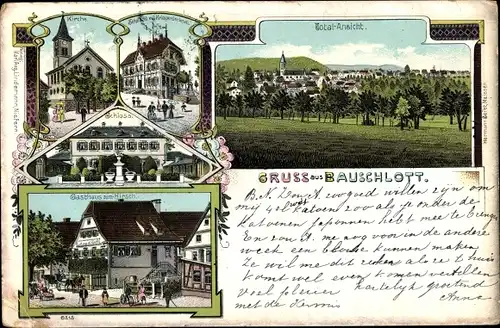 Litho Bauschlott Neulingen, Kirche, Schulhaus, Kriegerdenkmal, Schloss, Gasthaus zum Hirsch