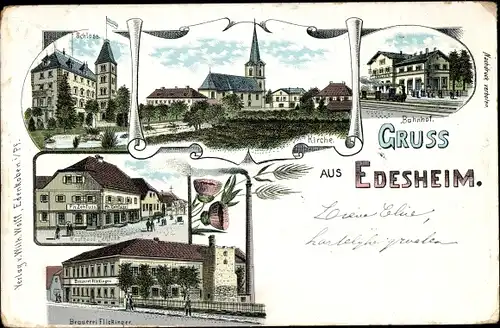 Litho Edesheim in der Pfalz, Kirche, Schloss, Bahnhof, Kaufhaus Zenfuss, Brauerei Flickinger