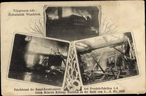 Ak Hamburg Wandsbek, Hefefabrik, Fabrikbrand der Dampf Kornbrennerei 1909
