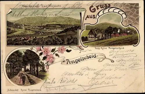 Litho Pungelscheid Werdohl im Sauerland, Gesamtansicht, Burgruine Pungelscheid, Schlosshof