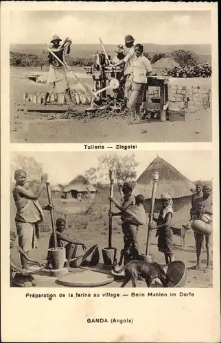 Ak Ganda Angola, Ziegelei, Mahlen im Dorfe