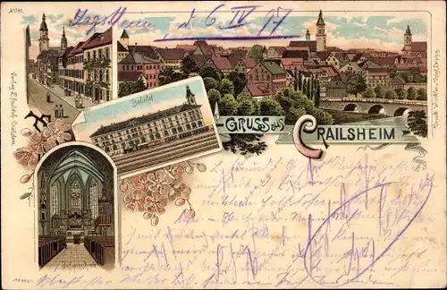 Litho Crailsheim in Württemberg, Bahnhof, Gleisseite, Kirche, Innenansicht, Stadtansicht