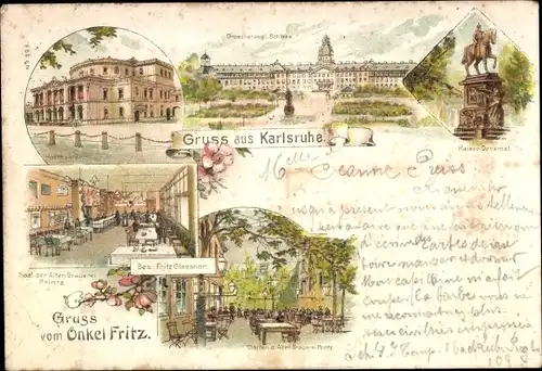 Litho Karlsruhe in Baden, Schloss, Kaiser Denkmal, Brauerei Printz, Gasthaus Onkel Fritz