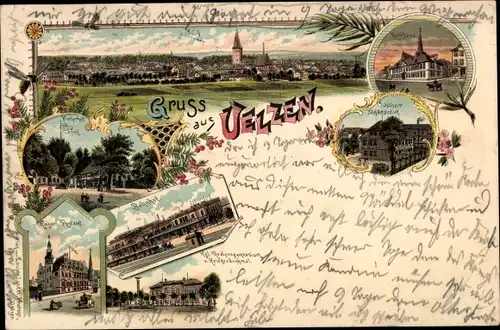 Litho Uelzen in Niedersachsen, Totalansicht, Fischerhof, Bahnhof, Postamt, Rathaus, Gymnasium