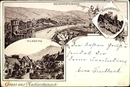 Litho Neckarsteinach in Hessen, Schwalbennest, Dilsberg, Blick auf den Ort