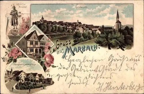 Litho Marbach am Neckar, Schiller Denkmal, Totalansicht, Schillerstraße