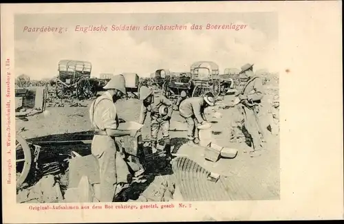 Ak Paardeberg Südafrika, Englische Soldaten durchsuchen das Burenlager, Burenkrieg