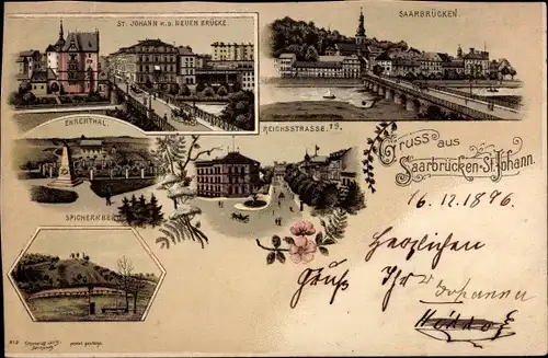 Litho St. Johann Saarbrücken im Saarland, Brücke, Reichsstraße, Ehrenthal, Spichernberg