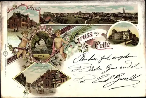 Litho Celle in Niedersachsen, Gesamtansicht vom Bahnhof, Schloss, Post, Rathaus, Markt, Denkmal