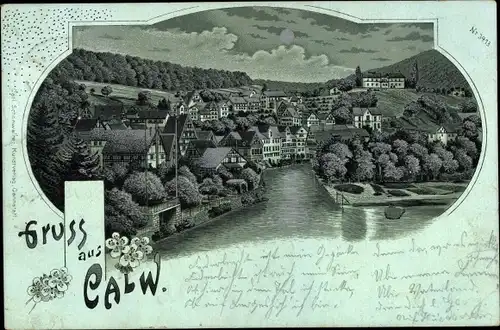 Mondschein Litho Calw im Nordschwarzwald, Gesamtansicht des Ortes, Flusspartie, Wohnhäuser
