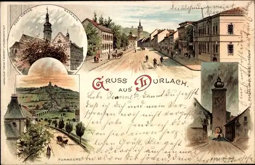Litho Durlach Karlsruhe in Baden Württemberg, Baseltor, Turmberg, Rathaus
