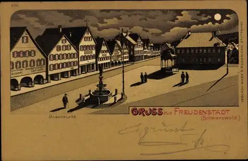 Mondschein Litho Freudenstadt im Nordschwarzwald, Marktplatz, Rathaus, Brunnen