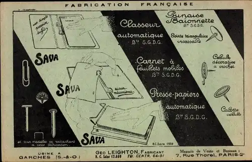 Ak Fabrication Francaise, Sava, Punaise, Geo Leighton, Rue Thorel, Paris II, Usine a Garches