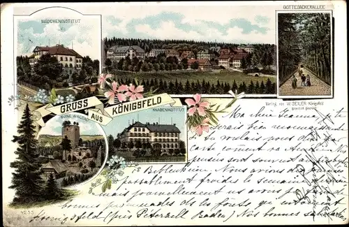 Litho Königsfeld im Schwarzwald Baden, Gottesackerallee, Mädcheninstitut, Ruine Waldau