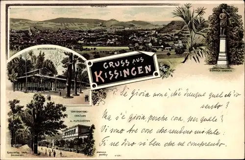 Litho Bad Kissingen Unterfranken Bayern, Konversationsgebäude mit Kurgarten, Bismarckdenkmal