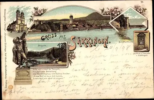 Litho Bad Säckingen am Hochrhein Kreis Waldshut, Trompeter von Säckingen, Scheffelturm