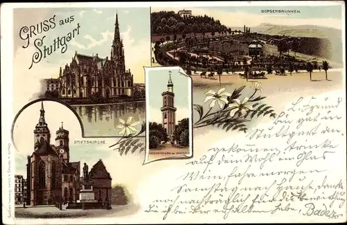 Litho Stuttgart in Baden Württemberg, Bopserbrunnen, Stiftskirche