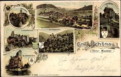 Litho Schœnau Schoenau Schönau Elsass Bas Rhin, Wasigenstein, Fleckenstein, Hotel Mischler