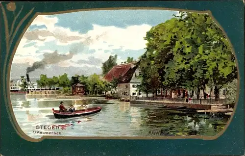 Künstler Litho Heinisch, Stegen Inning am Ammersee, Wasserpartie, Boot