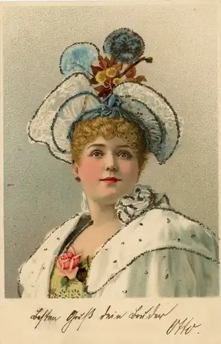 Glitzer Litho Blonde Frau mit elegantem Hut