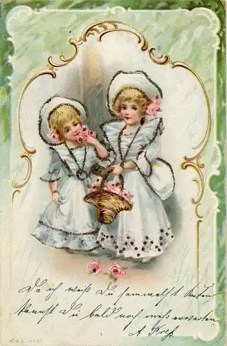 Glitzer Litho Zwei Mädchen mit Korb und Rosen