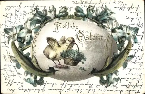 Präge Passepartout Litho Glückwunsch Ostern, Küken, Osterei, Lilienblüten