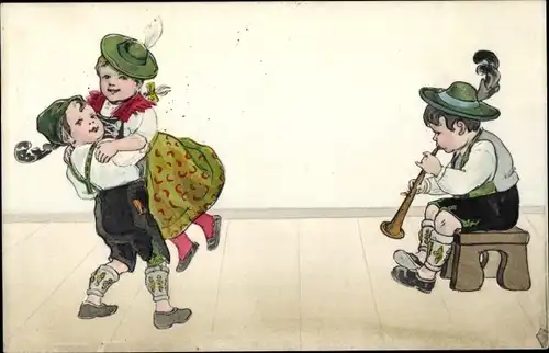 Künstler Ak Paartanz, Bayrische Landestrachten, Flötenspieler