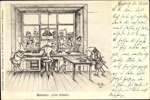Künstler Ak Starkloff, H., Zwerge arbeiten bei der Post, Schalter, Viel Arbeit