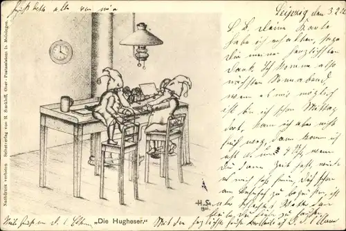 Künstler Ak Starkloff, H., Zwerge arbeiten bei der Post, Die Hugheser