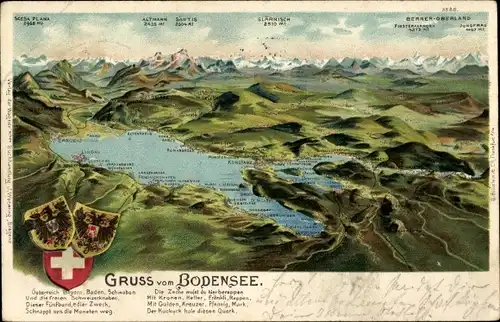 Landkarten Wappen Litho Friedrichshafen am Bodensee, Bregenz, Rheinfall, Alpenpanorama