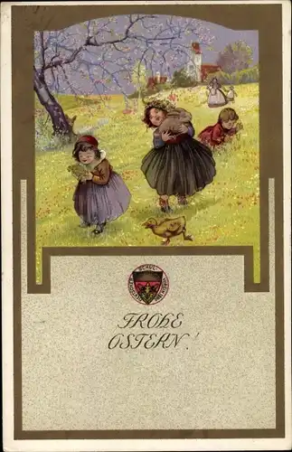 Ak Glückwunsch Ostern, Kinder auf einer Wiese, Küken, Deutscher Schulverein