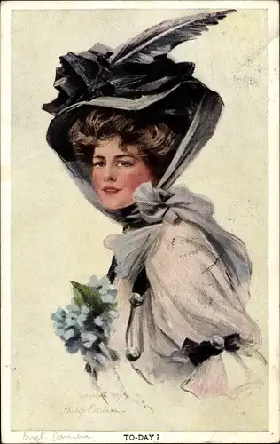 Künstler Ak Boileau, Philip, Today?, Frauenportrait, federgeschmückter Hut, Blumen