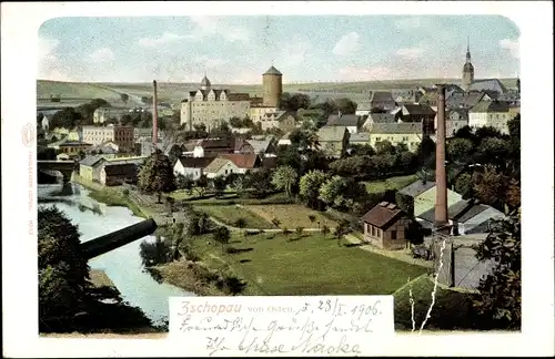 Ak Zschopau im Erzgebirge Sachsen, Blick auf den Ort von Osten aus