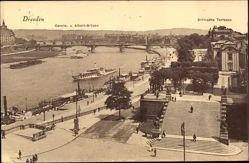 Ak Dresden Altstadt, Carolabrücke und Albertbrücke, Brühlsche Terrasse