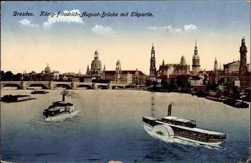 Ak Dresden Altstadt, König Friedrich August Brücke mit Elbpartie, Dampfer