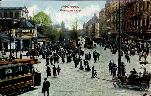 Ak Hannover in Niedersachsen, Georgstraße, Straßenbahn, Passanten