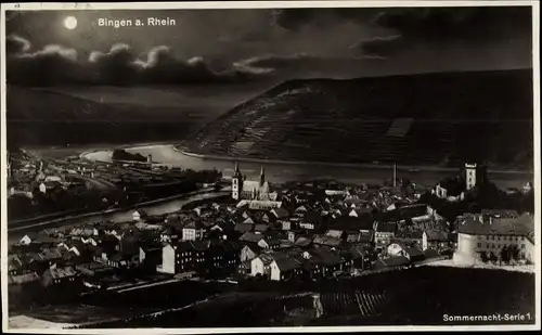 Mondschein Ak Bingen am Rhein, Sommernacht, Ort aus der Vogelschau