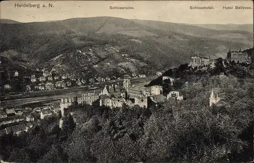Ak Heidelberg am Neckar, Panorama, Schlossruine, Schlosshotel, Hotel Bellevue