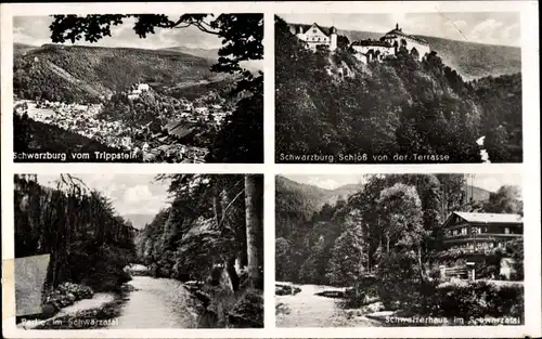 Ak Schwarzburg in Thüringen, Panorama vom Trippstein aus, Partie im Schwarzatal, Schloss