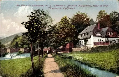 Ak Albernau Zschorlau im Erzgebirge, Rechenhaus, Wehr des Flößgrabens, Floßgraben