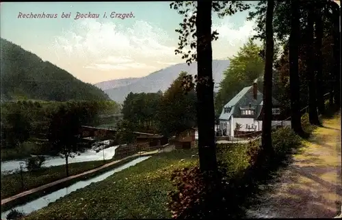 Ak Albernau Zschorlau im Erzgebirge, Rechenhaus, Wehr des Flößgrabens