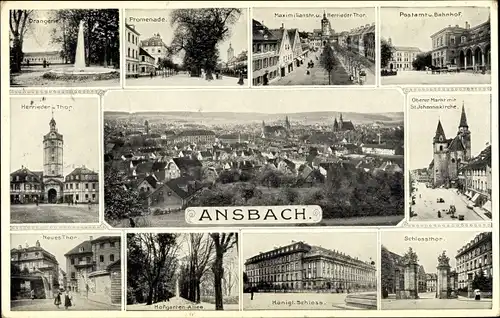 Ak Ansbach in Mittelfranken Bayern, Orangerie, Promenade, Bahnhof, Postamt, Schloss, Tore, Totale