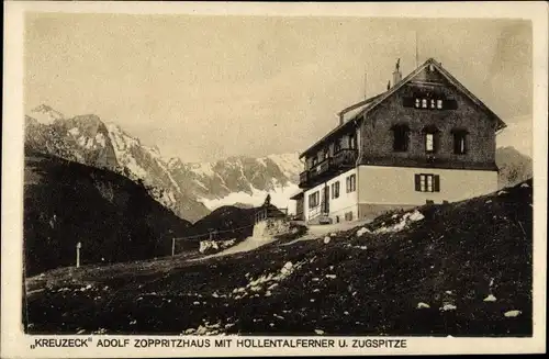 Ak Garmisch Partenkirchen in Oberbayern, Kreuzeckhaus, Adolf Zoeppritz Haus, Zugspitze