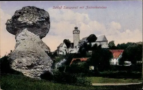 Ak Sanspareil Wonsees in Oberfranken, Schloss mit Zschokkefelsen