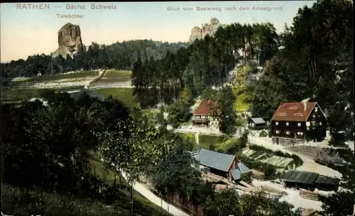 Ak Kurort Rathen im Elbsandsteingebirge, Blick vom Basteiweg nach dem Amselgrund, Talwächter