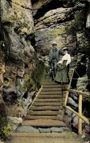 Ak Hohnstein Sächsische Schweiz, Schwedenlöcher, Treppe