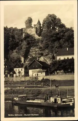 Ak Rathen an der Elbe Sächsische Schweiz, Teilansicht, Boot, Anlegestelle