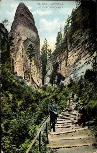 Ak Hohnstein Sächsische Schweiz, Schwedenlöcher, Treppe